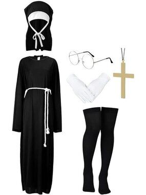 Women's Halloween Nun Costume Black Dress w/ Accessories MEDIUM